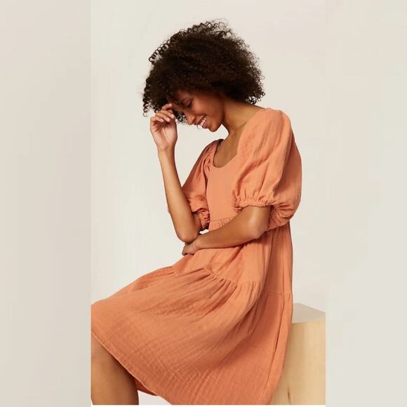 Louna Rust Orange Tiered Cotton Mini Dress MEDIUM - Picture 6 of 11